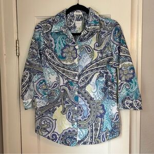 Chico’s no iron paisley 3/4 button down collared blouse size 0